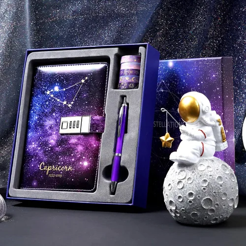 Vista 5 de CAGIE Set de regalo de diario con cerradura de constelación estrellada con bolígrafo y cinta adhesiva, diario secreto con cerradura para niñas