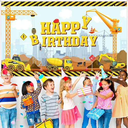 Vista 4 de Irenare Fondo de construcción feliz cumpleaños camión volquete fondo excavadora grúa fiesta de cumpleaños banner excavadora excavadora camión fondo