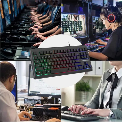 Vista 7 de Lumsburry - Teclado de computadora, 87 teclas, teclado USB compacto con cable, retroiluminación LED de arcoíris para PC, portátil, teclado