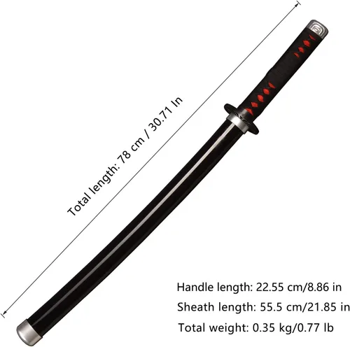Vista 2 de Espadas Katana de anime de madera para cosplay, espada Samurai Tanjirou, espada Demon Slayer, cuchillo de rueda solar, color negro, 30.0pulgadas