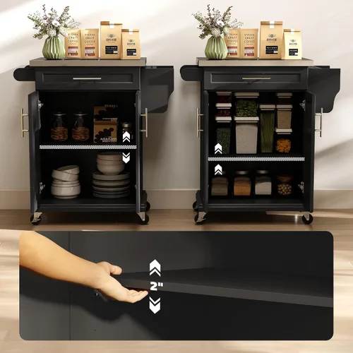 Vista 6 de HOMCOM Isla de cocina sobre ruedas, carrito de cocina rodante con encimera de acero inoxidable, cajón, toallero y estante de especias, carrito
