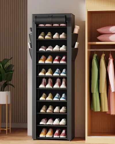 Vista 8 de Kitsure Zapatero – Estante organizador de zapatos de gran capacidad de 10 niveles con cubierta antipolvo y bolsillos laterales, zapatero de metal a