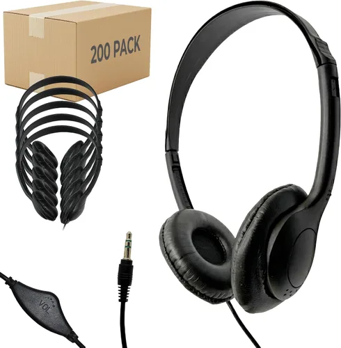 Vista 8 de Soundnetic SNCCV - Paquete de 10 auriculares estéreo con almohadillas de cuero sintético y control de volumen, color negro, ideales para escuelas