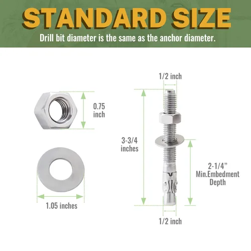 Vista 2 de LIONMAX Pernos de anclaje de acero inoxidable para concreto 1/2" x 3-3/4 pulgadas, paquete de 6 anclajes de cuña para pared de cemento, resistente a