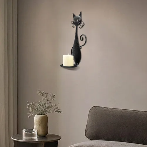 Vista 9 de Candelabros de cristal para velas de pilar, candelabros de pared de gato de metal negro