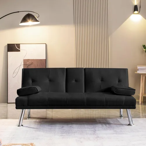 Vista 3 de Anwick Sofá futón de cuero moderno, sofá cama plegable convertible reclinable para espacios pequeños, apartamento, oficina, dormitorio, con Negro