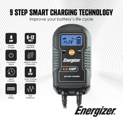 Vista 3 de ENERGIZER Cargador automático de 4 amperios, 6 V/12 V, mantenedor de batería inteligente de 9 pasos, cargador de goteo con pantalla LCD