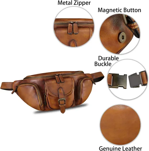 Vista 6 de Riñonera de cuero genuino para hombres y mujeres, bolso bandolera de cuero real, bolso cruzado de moda, bolso de cintura de moda, Marrón, Riñonera
