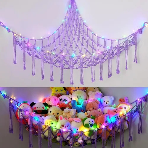 Vista 14 de Basumee Hamaca de animales de peluche con red de esquina de luz LED Crema