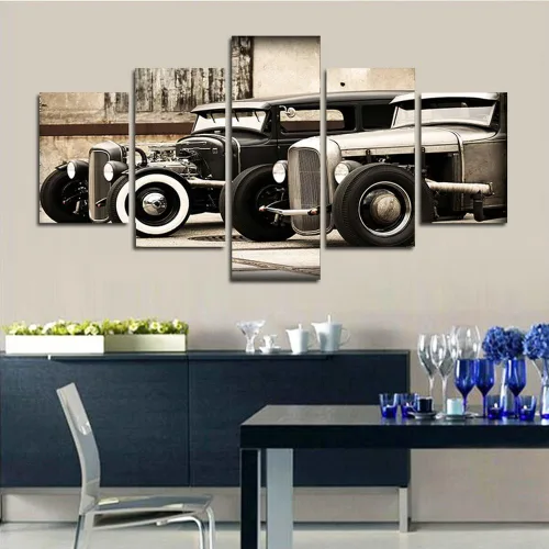 Vista 2 de CrmArt Póster modular HD impreso en lienzo, marcos de pintura para sala de estar, arte de pared, 5 piezas de Hot Rod vintage, fotos de automóvil