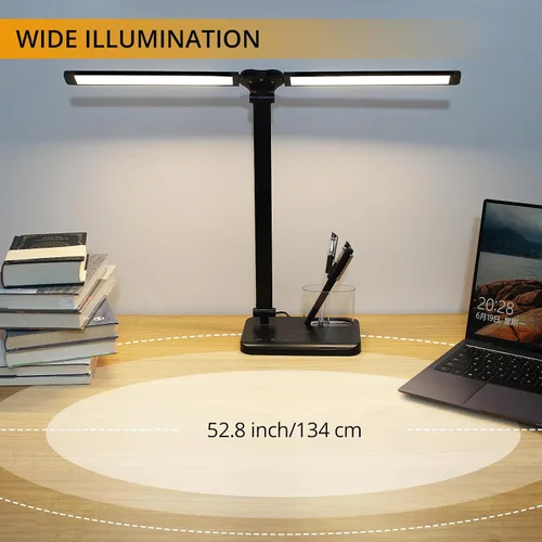 Vista 5 de Qooltek Lámpara de escritorio LED con control táctil, lámpara de mesa con 5 modos de color, brillo regulable para oficina en casa, brazo oscilante