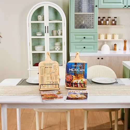 Vista 7 de Housejoy Soporte de madera para libros de cocina con 2 delantales, soporte ajustable para encimera de cocina, soporte de madera resistente con tabla