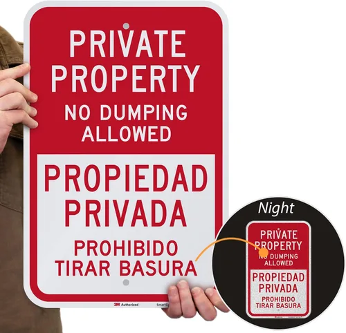 Vista 2 de SmartSign Letrero de metal bilingüe con texto en inglés "Private Property - No Dumping Allowed, Prohibido Tirar Basura" de 18 x 12 pulgadas