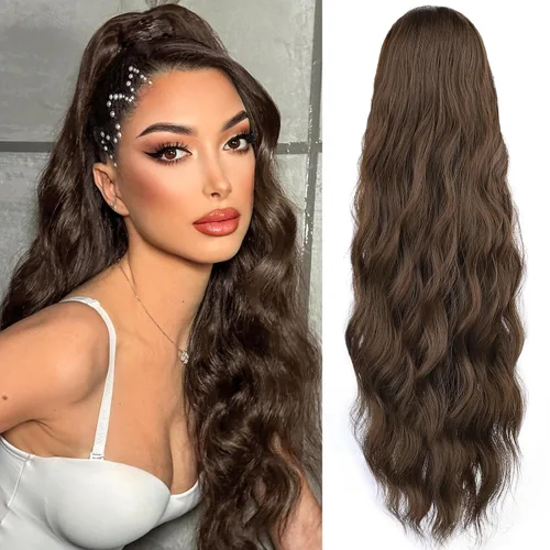 Vista 11 de FREEMEIGE Extensión de Cola de Caballo de 22 Pulgadas Negro Mezclado con Burdeos Larga Ondulada con Cordón Extensión de Cola de Caballo para Mujeres