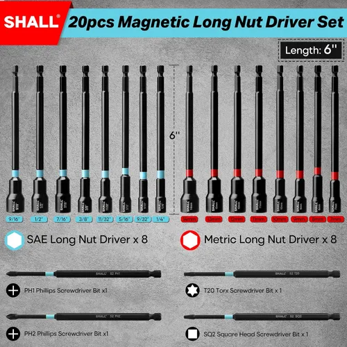 Vista 2 de SHALL Juego de 20 piezas de destornilladores magnéticos, destornilladores de 6" de largo para taladro de impacto, destornillador de tuerca de 1/4