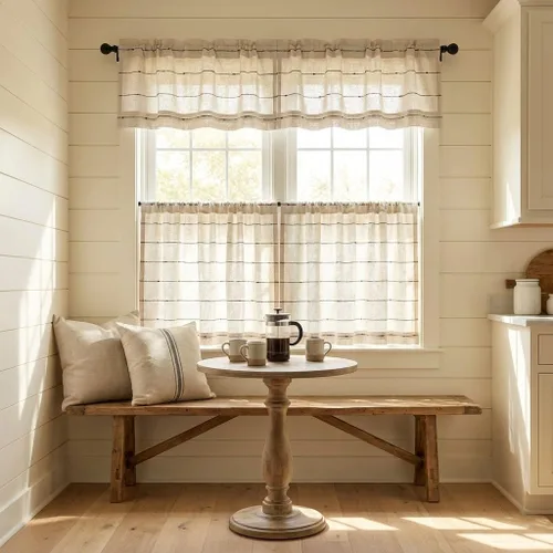 Vista 3 de Piper Classics Farmcloth Stripe Tiers, Set/2, 24 pulgadas de largo x 36 W, granja rústica, crema natural con rayas negras, cortinas de café