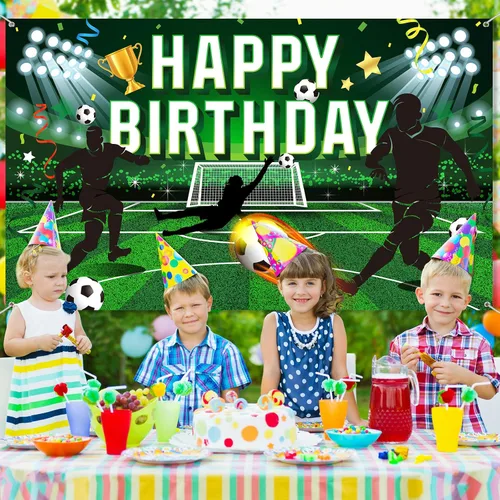 Vista 4 de Tatuo Telón de fondo de fiesta de cumpleaños de fútbol, fondo de campo de fútbol de poliéster con letras de feliz cumpleaños, incluye cuerda blanca