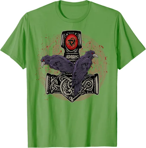 Vista 17 de Thors Hammer Mjolnir Huginn and Muninn Odin Raven - Camiseta, Negro, S