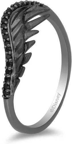 Vista 3 de Jewelili Enchanted Disney Fine Jewelry Anillo de plata de ley con rodio negro de 18 quilates tratado redondo con alas de maléfica de diamante negro