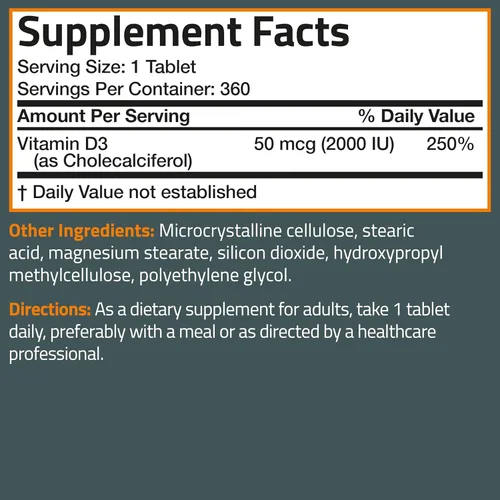 Vista 8 de Bronson Vitamina D3 2000 UI (50mcg) Sin OGM, 360 tabletas