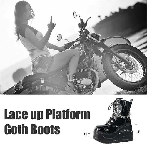 Vista 2 de Erocalli Botas de plataforma góticas para mujer con cordones con cadena botines cortos con tachuelas