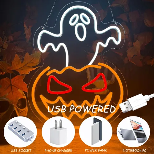 Vista 7 de Letrero de neón de calabaza fantasma de Halloween, cara de fantasma, luz de neón espeluznante de calabaza de neón, letreros LED regulables