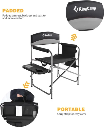 Vista 6 de KingCamp Silla de director acolchada plegable para acampar con mesa auxiliar y bolsillo, color gris
