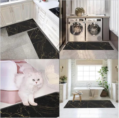 Vista 7 de Arttown - Juego de 2 tapetes antifatiga para cocina de mármol negro y oro, tapete acolchado impermeable y antideslizante y alfombra de espuma