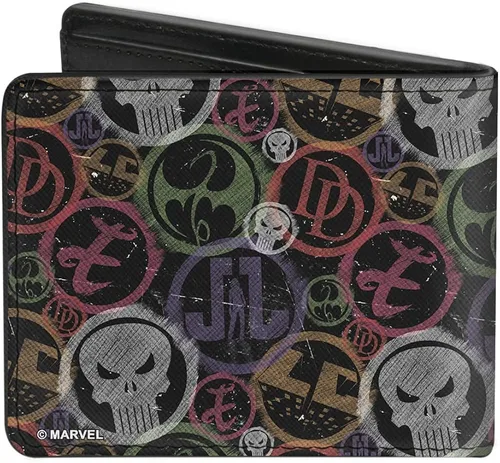 Vista 2 de Billetera con cierre de hebilla de PU con diseño de caballeros, 6 iconos de Marvel, color negro y multicolor