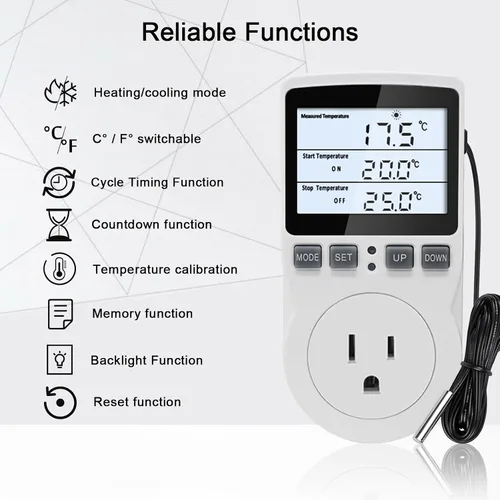 Vista 2 de KETOTEK Termostato de enchufe controlador de temperatura digital con retroiluminación LCD 120V, enchufe de control de temperatura de calefacción