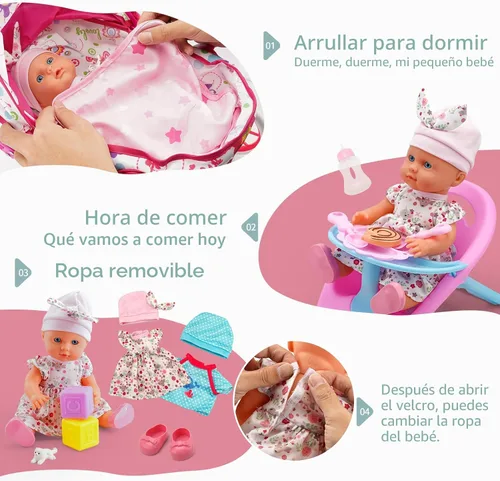 Vista 4 de Juego de Juguetes de Cochecito para Muñeca de Bebé con Muñeca de Bebé de 13'', Cama de Muñeca, Silla de Comedor, 26 Piezas de Accesorios para Muñeca
