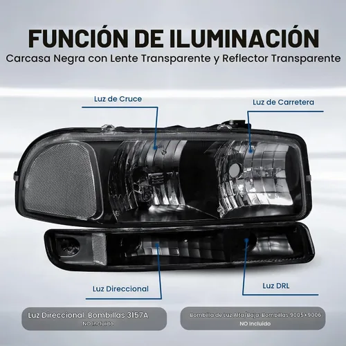 Vista 2 de MOSTPLUS Conjunto de faros delanteros compatible con GMC Sierra 1500 2500 1999-2006/00-06 GMC Yukon Lámpara frontal con carcasa negra/lente