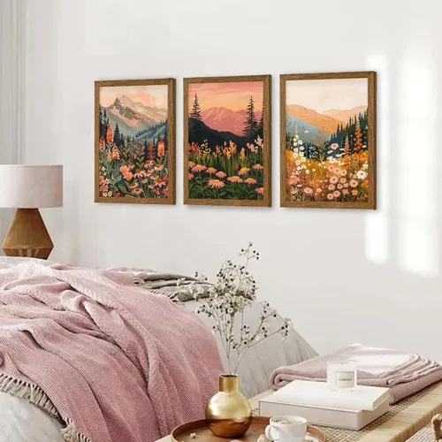 Vista 3 de WRFON Lienzo botánico y de flores, arte enmarcado de pared de paisaje de montaña, juego de 3, impresión en lienzo de prado de flores silvestres