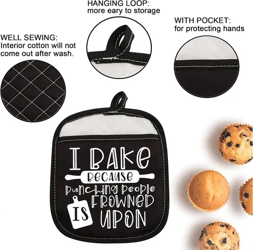 Vista 3 de ZJXHPO Almohadillas para horno de regalo para hornear, soporte para ollas I Bake Because Punching People is Frowned Upon Hot Pads (Frunción sobre)