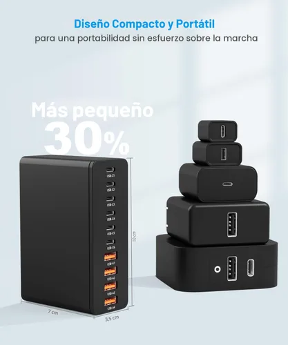 Vista 8 de Estación de carga USB C de 10 puertos con 4 cables USB, bloque de cargador GaN tipo C de 200W, adaptador de enchufe de regleta de alimentación