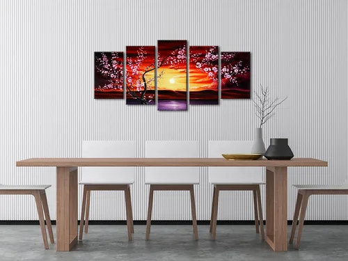 Vista 5 de Wieco Art 5 piezas de lienzo con diseño de flor de ciruelo, arte de pared, cuadros florales abstractos, pinturas decorativas para decoración