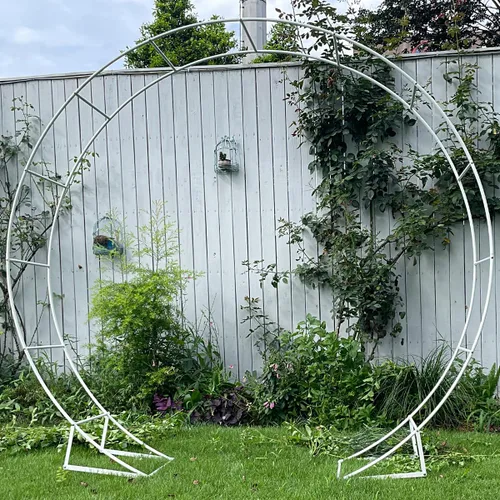 Vista 6 de Arco de metal para ceremonia, soporte de fondo redondo doble de 6.5 pies, soporte de arco de globo circular con base para decoración de bodas