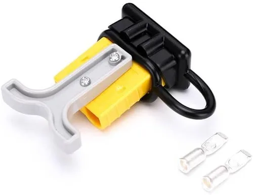 Vista 2 de Conector de cable de alimentación de batería de 2 vías de carcasa amarilla de 600 V y 50 amperios, mango gris en T y cubierta negra a prueba de polvo