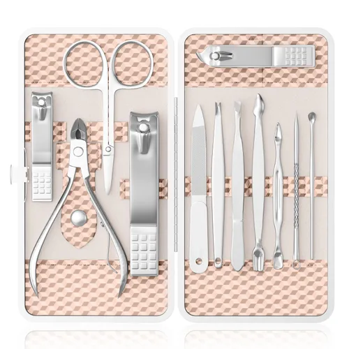 Vista 9 de ZIZZON Kit de manicura y pedicura, cortaúñas, juego de 12 piezas, kit de aseo profesional, herramientas de uñas con lujoso estuche de viaje