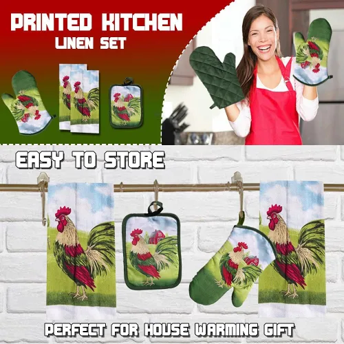 Vista 5 de Lobyn Paquete económico: ropa de cocina rústica de gallo y granero rojo de 4 piezas, 2 toallas (15 x 25), 1 agarradera (6 x 9) y 1 guante de horno