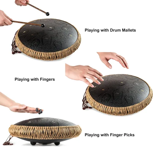 Vista 4 de Tambor de Lengua de Acero - HOPWELL 15 Notas 14 Pulgadas Tambor de Lengua - Tambores Hand Pan con Libro de Música, Mazos de Tambor Hand Pan de Acero