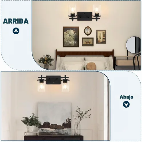 Vista 4 de 2 luces de tocador de baño, accesorios de luz de tocador negro mate sobre espejo, apliques de pared modernos con pantalla de vidrio transparente
