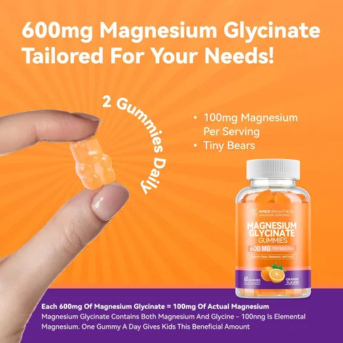 Vista 4 de Gomitas de glicinato de magnesio 600mg, sin OMG, sin gluten, gomitas de magnesio para adultos y niños, sueño, relajación y enfoque, sabor a naranja