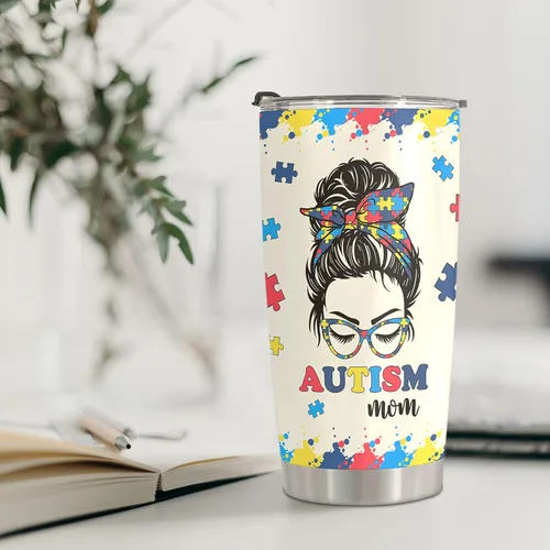 Vista 5 de Regalos para mamá autista, taza de viaje de conciencia sobre el autismo con popote para mamá, tazas de acero inoxidable para autismo de 20 onzas
