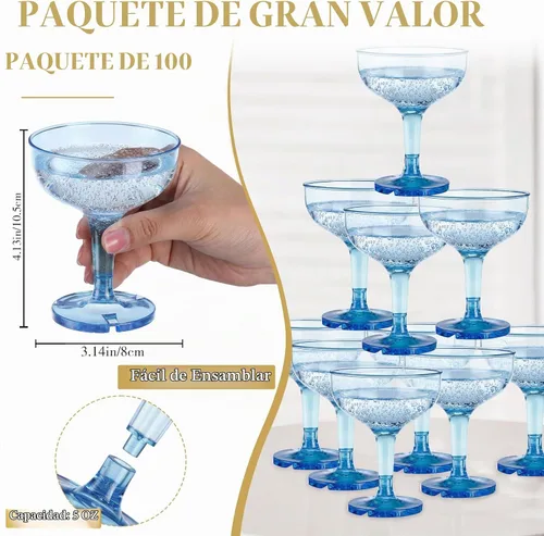 Vista 2 de Zopeal 50 Piezas Copas de Champán de 5 oz Copas de Martini de Plástico Irrompible Copas de Vino Desechables Apilables con Tallo Copas Coupe de Azul