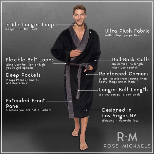 Vista 5 de Ross Michaels Bata de baño de forro polar de felpa de longitud media para hombre