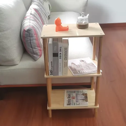 Vista 4 de Mesa auxiliar de 3 niveles, mesita de noche de madera maciza para espacios pequeños, estante de almacenamiento de café de esquina para oficina, sala