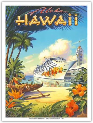 Vista 9 de Pride of Hawaii Cruise Ship - Aloha Towers Honolulu Harbor - Póster de viaje hawaiano vintage por Kerne Erickson - Impresión artística maestra