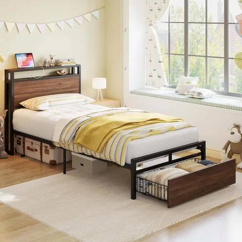 Vista 17 de LIKIMIO - Marco de cama individual con cajón y estación de carga, color marrón oscuro 2-Tier Storage Headboard with Metal Construction Frame, No