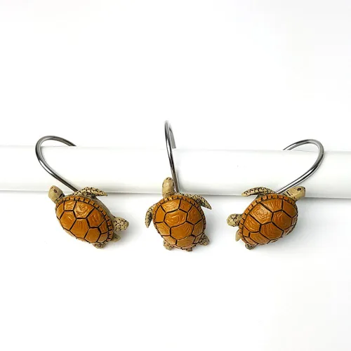 Vista 5 de Juego de 12 ganchos de resina para cortina de ducha de tortuga para baño, acero inoxidable, metal, caricatura, decorativo, colgador de baño